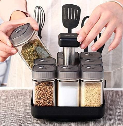 Revolving Spice Rack with 9 Jars – 360° Rotating Spice Organizer for Kitchen Counter