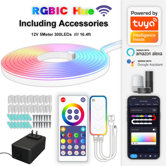 WiFi Smart RGBIC Neon Light Strip – Music Sync DIY LED Light with App & Remote Control (5M)