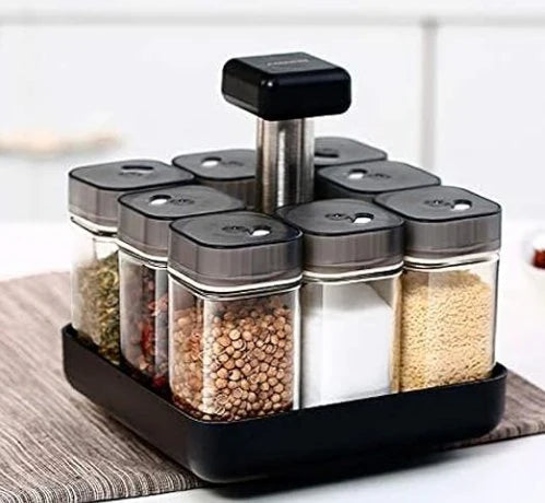 Revolving Spice Rack with 9 Jars – 360° Rotating Spice Organizer for Kitchen Counter