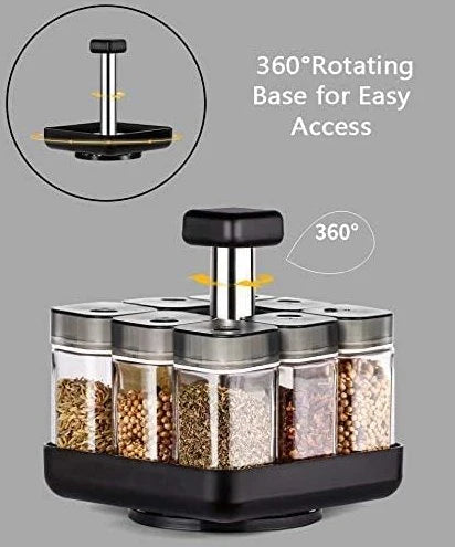 Revolving Spice Rack with 9 Jars – 360° Rotating Spice Organizer for Kitchen Counter